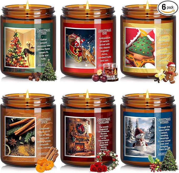 Christmas Candle Gift Set, 6 Pack Holiday Scented Soy Candles for Home, Winter Aromatherapy Candle, Xmas Gift for Women Men, Long Lasting Christmas Tree, Cookie, Spice, Garland, Eve & Wishes Fragrance