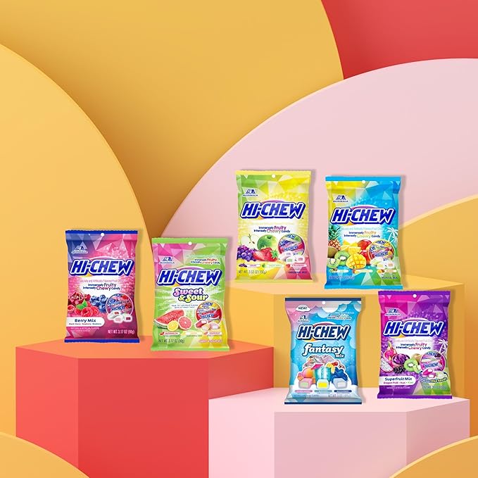 HI-CHEW Variety Mix, Pack of 6 Bags - 17 Flavor Assort Sweet and Sour Chewy Halloween Candy, Unique Fun Soft - Immensely Juicy Fruity Candy Flavors - Individually Wrapped for Sharing