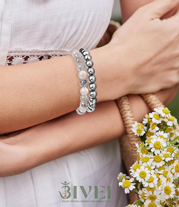 Bivei Natural Gemstone Semi Precious Healing Crystals Handmade Stretchy Round Beads Bracelet, Enhance Positive Energy