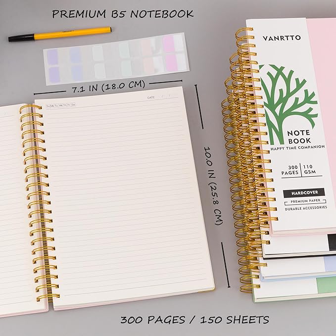 Hardcover Spiral Notebook, B5 Notebooks College Ruled, 110 GSM Thick Lined Paper Notebooks for Work, School and Travel, 300 Pages Journals for Writing, Large Journal for Women New Black B5