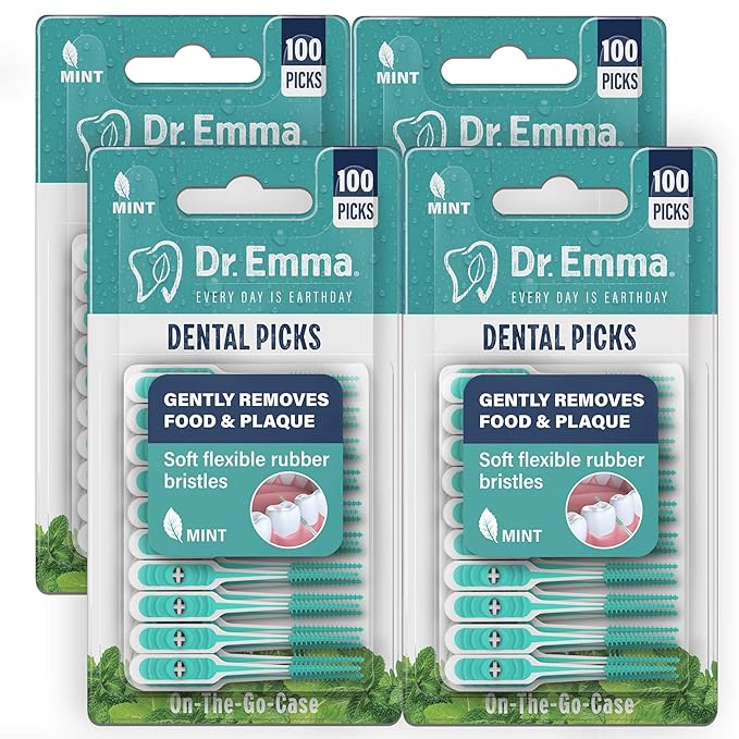 Dr. Emma Soft Rubberized Dental Picks Mint Brush Picks, 100 Count (4 Packs, Mint)