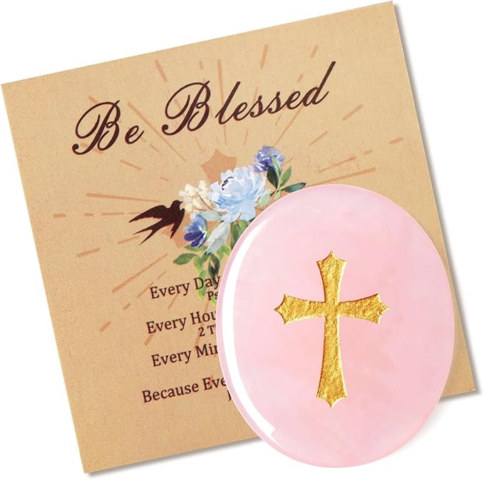 LAIDANLA Rose Quartz Cross Engraved Healing Crystal Worry Stones for Pray Faith Anxiety Relief Oval Palm Stone Polished Natural Crystal Gifts