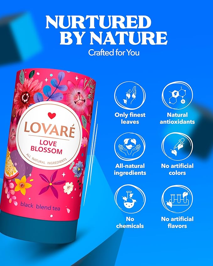 LOVARE Love Blossom Loose Leaf Tea 80 g - Made in Ukraine - Dry Fig, Mango, and Strawberry Pieces, Safflower Petals, Passion Fruit & Mango Flavors - Tea Lovers Gift Box with 15 Paper Filters