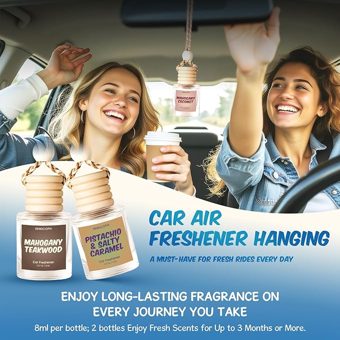 Car Air Freshener Diffuser 6 Pack Hanging Air Freshener, Vanilla Cream, Pink Sparkle Champagne, Mahogany Teakwood, Pistachio & Salty Caramel, Jasmine Dragonfruit and Mahogany Coconut Scents