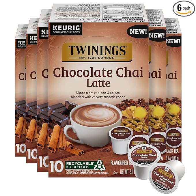 NEW Twinings Chocolate Chai Latte Tea 60 K-Cup Pods for Keurig, 10 Count (Pack of 6), Velvety Smooth Cocoa with Real Spiced Tea, Caffeinated, Enjoy Hot or Iced