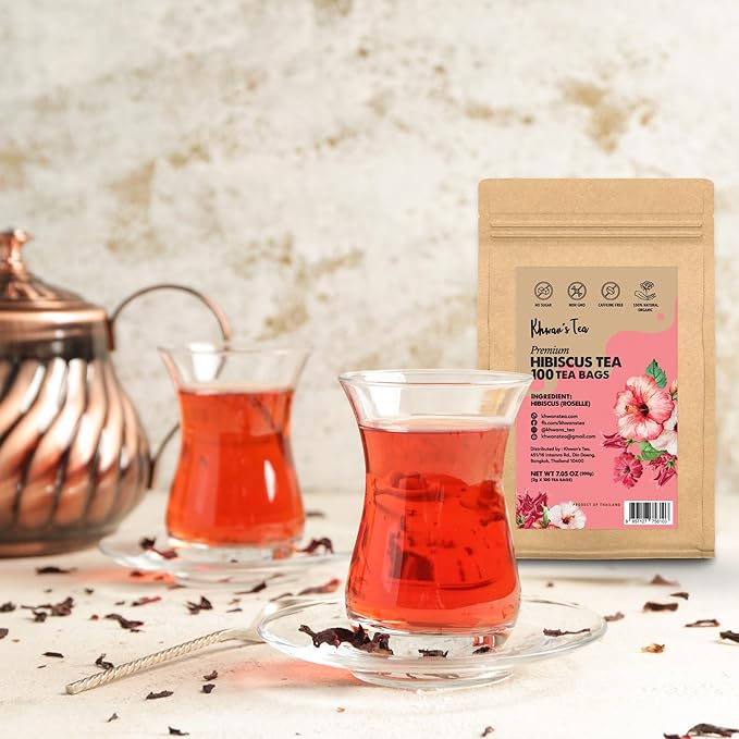 KHWAN’S TEA Roselle Hibiscus Flower Tea bags, Caffeine-Free Herbal Tea, Tart & Refreshing Flavor Hot or Iced, Premium Natural Hibiscus Infusion, Antioxidant-Rich Herbal Tea from Thailand (2g/bag)