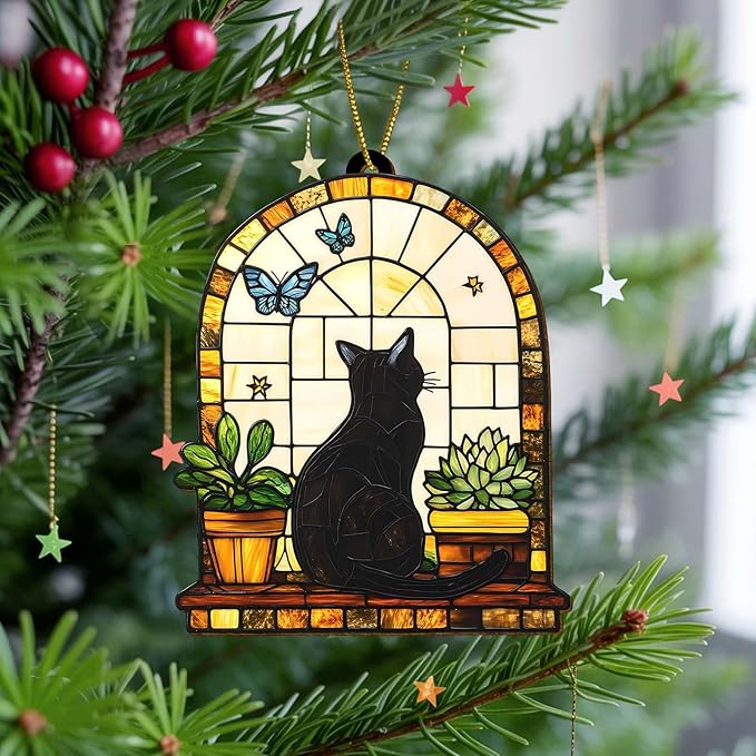 Black Cat Stained Glass Ornament, Window Scene Tree Decoration with Plants and Butterfly, Artistic Wooden Keepsake Gift for Cat Lovers, Women