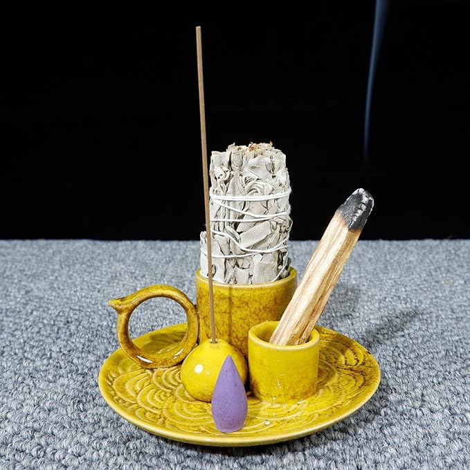 5.1-Inch 5-in-1 Yellow Ceramic Incense Holder - Fits Palo Santo, Sage, Incense Sticks/Cones, Small Candle, Smudge Burning Tray.Zen Altar for Meditation/Yoga, Aromatic Scents, Matches Friendly