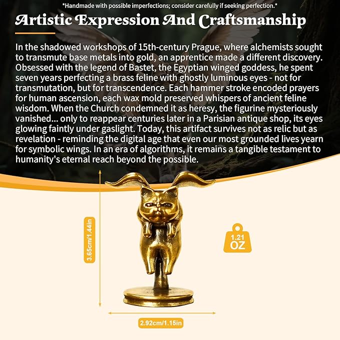 CHOVY Winged Cat Figurine - 100% Solid Brass Statue, Retro Desk Ornament Mystical Home Decor, Unique Collectible Art Piece for Bookshelf, Workspace or Altar, Handcrafted Ghost-Eye Cat Sculpture