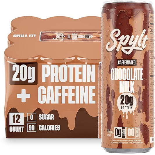 Spylt High Protein Chocolate Milk with 60mg Caffeine & 20g Protein - 90 Calories, Ready to Drink, Sugar Free, Lactose Free Milk, Perfect for Workout Recovery & Afternoon Pick Me Up - 12 Count
