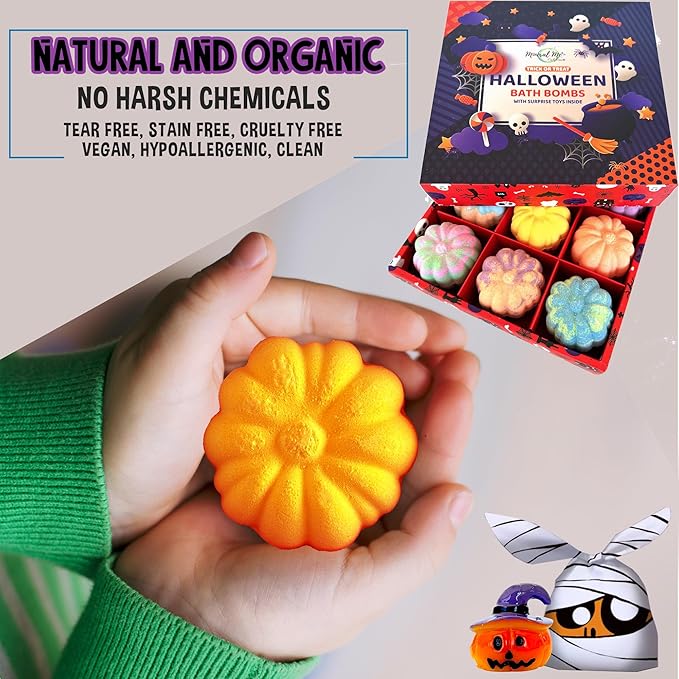 Bath Bombs for Kids with Surprise Toys Inside - Set of 9 Organic Halloween Bath Bombs, Gentle and Safe - Fizzy Balls with Rainbow Bubbles, Halloween Gifts for Kids
