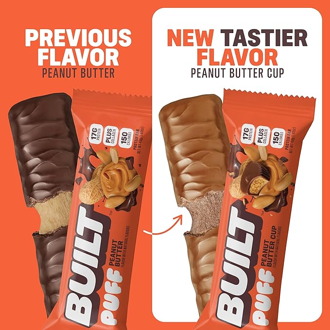 BUILT Bar, Puff Protein Snack Bars, Peanut Butter Cup, On-The-Go Bars, 17g Protein, Only 150 Calories, 6g Sugar, Plus Collagen, Gluten Free, 12 Count