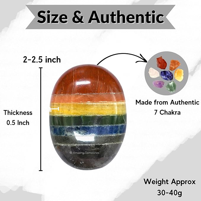 Amazing Gemstone Seven Chakra Crystals and Healing Stones - Large Palm Stone Crystals Piedra - Crystal for Good Luck, Balanced Positive Energy, Meditation - Unique Stocking Stuffers Gifts for Women
