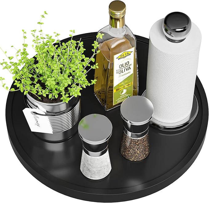 Lazy Susan for Table, 12 Inch Non-Skid Bamboo Turntable Organizer for Salt Pepper Spices and Olive Oil Next to Stove, Wooden Rotating Tray for Kitchen Countertop Organizer Black