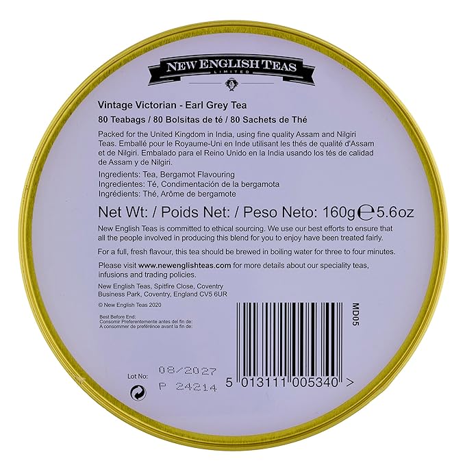 New English Teas VIntage Victorian Tea Caddy with 80 Earl Grey Teabags – Lilac – Forget Me Not Florals & Classic Tea Set Design