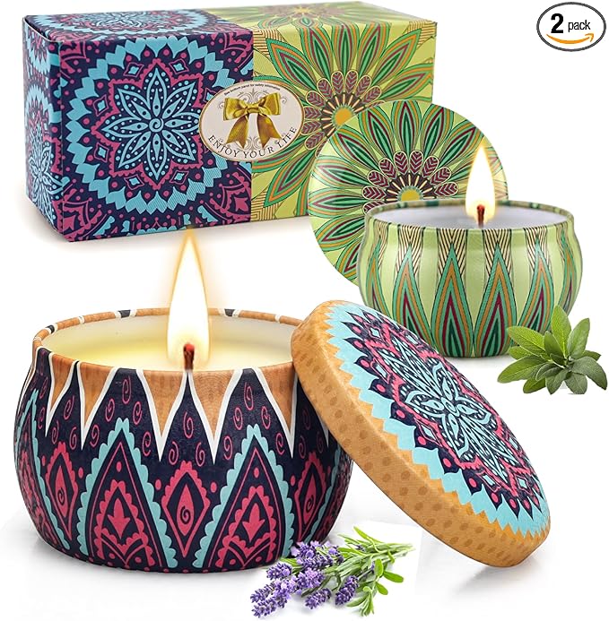 2 Pack Lavender, Sage Aromatherapy Soy Candles for Stress Relief, Relaxation - Over 50 Hours Burn Time, Home Scented, Stocking Stuffers