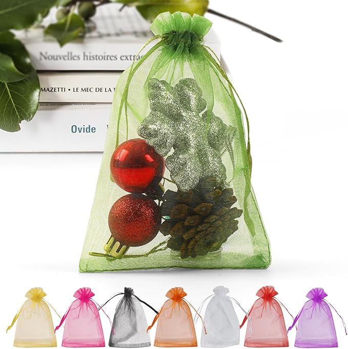 ANZNKU 100PCS Premium Green Organza Bags 5x7 inches Mesh Bag Drawstring, Gift Bags for Party, Wedding Christmas Favor