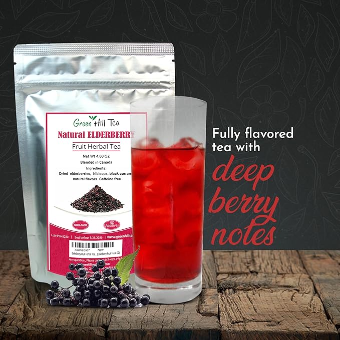 Green Hill Tea Elderberry Herbal Tea - Immune System Boosting Fruit Herbal Tea Blend - Caffeine-Free Relaxing Drink, Hot tea or Iced Tea - resealable foil bag 4 OZ