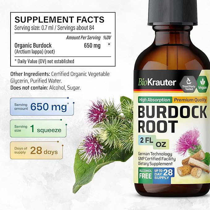 BIO KRAUTER Burdock Root Tincture - Antioxidant Support Liquid Supplement - Burdock Root Extract - Alcohol and Sugar Free - Vegan Drops 2 Fl.Oz.