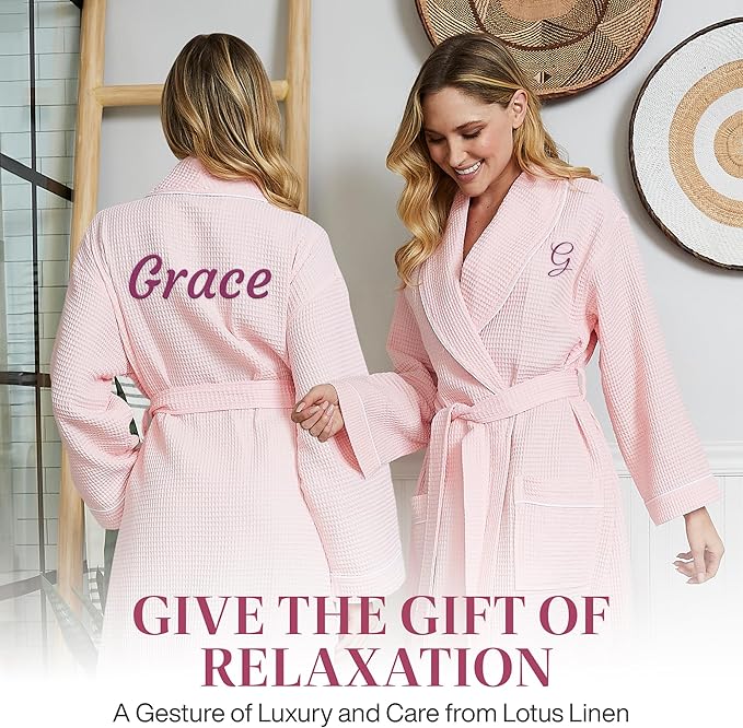 Lotus Linen Waffle Robes for Women - Lightweight Cotton Kimono Bathrobe - Long Soft Spa Bath Robe