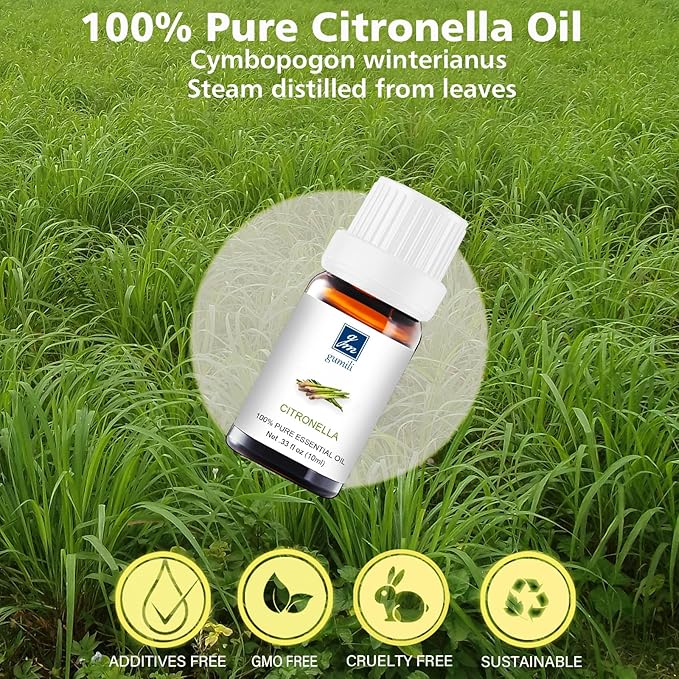 Citronella Essential Oil - 100% Pure Organic Oil for Diffuser, Spray, Candle Making & Skin Care - 10mL Glass Bottle