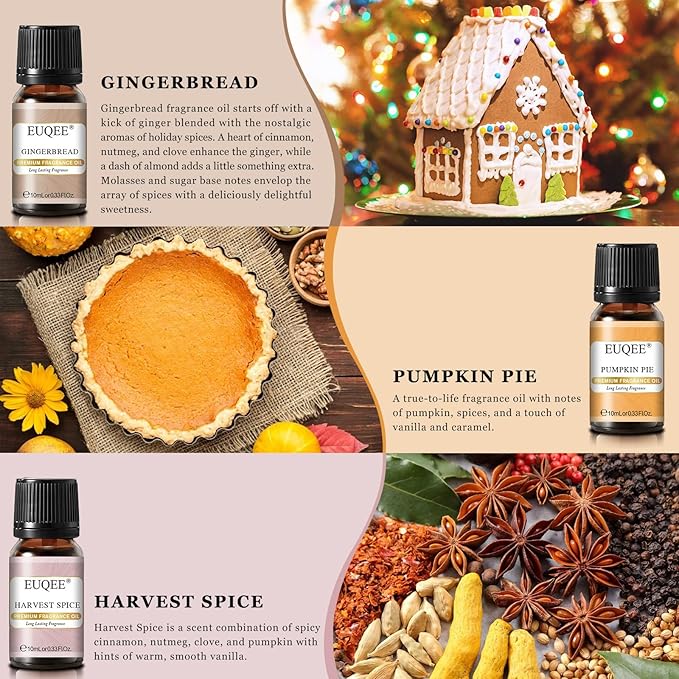 EUQEE Holiday Cheer Premium Fragrance Oils Set of 6 - Forest Pine, Christmas Wreath, Brown Sugar, Harvest Spice, Gingerbread, Pumpkin Pie - Scented Oils for Diffuser, Candle Making (10ml)