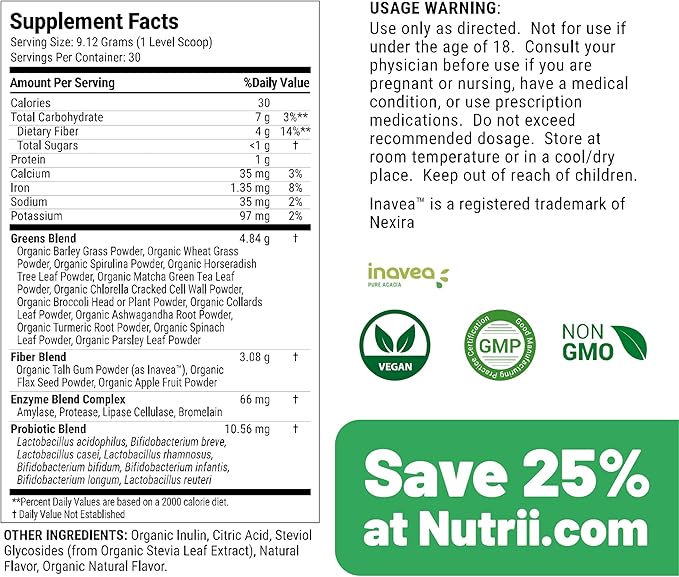 Organic Green Immunity Superfood Powder - Soothes Digestion, Boosts Healthy Vitality and Energy. Fast Acting Formula with Probiotics, Enzymes, Turmeric and Ashwagandha (30 Servings Lemon-Mint)