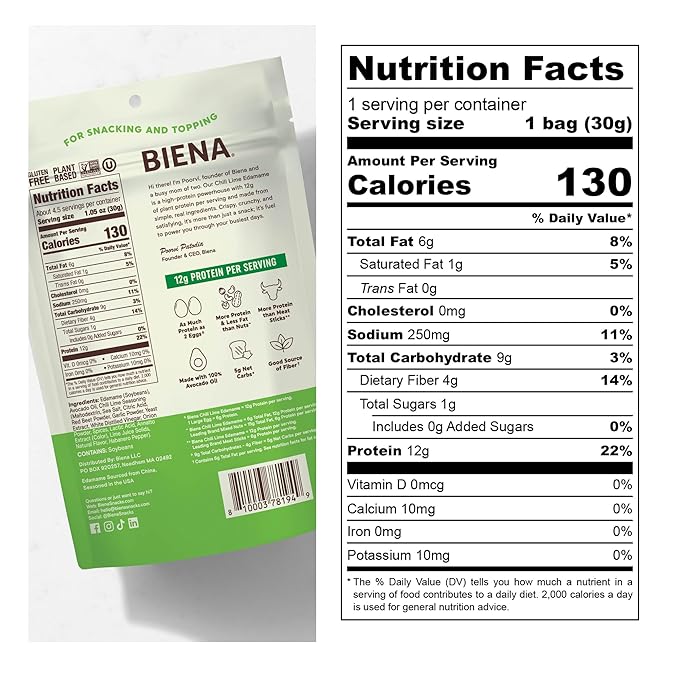 Biena Crispy Roasted Edamame Beans Snack – High Protein Snack for Adults & Kids, 12g-13g Protein per Serving - Made with Avocado Oil – Vegan, Low Carb, Gluten-Free – 3-Pack 4.75oz, Chili Lime