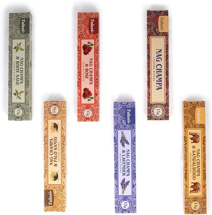 Tulasi Nag Champa Incense Sticks Gift Pack of 6, Hand Rolled Fragrance Incense Sticks for Aromatherapy, Relaxing, Yoga, Meditation, Prayer, Agarbatti Stick with Natural Oils, Thanks Giving (15gm x 6)