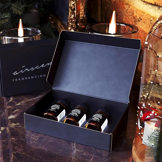 AirScent Holiday Scents Christmas Diffuser Oil 3 Pack Gift Set - 10 mL, 0.34 fl oz Fragrance Oil Set - Bourbon Pumpkin Spice, Christmas Wreath and Fireside Spiced Cider Scents