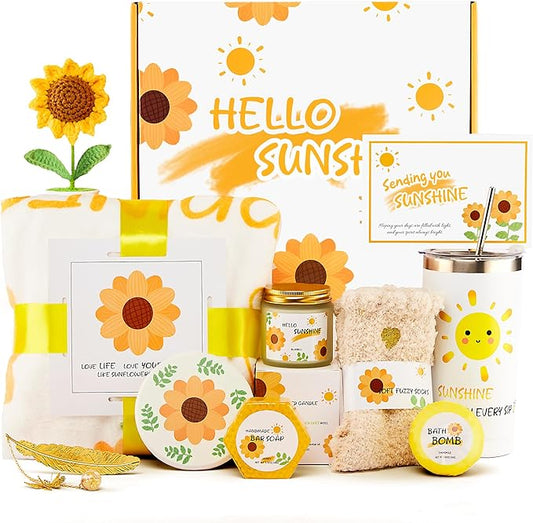 Sunshine Box - Sunshine & Sunflower Gifts for Women, Self Care Birthday Gifts, Care Package for Women, Relaxation Encouragement Gift Set with Sunflower Theme