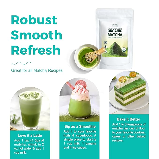 Emerail Organic Matcha Powder, USDA-Certified Pure Matcha Green Tea Powder, Premium Culinary Grade, Perfect for Lattes Smoothies and Baking, Sugar Free (200g / 7oz Pouch)