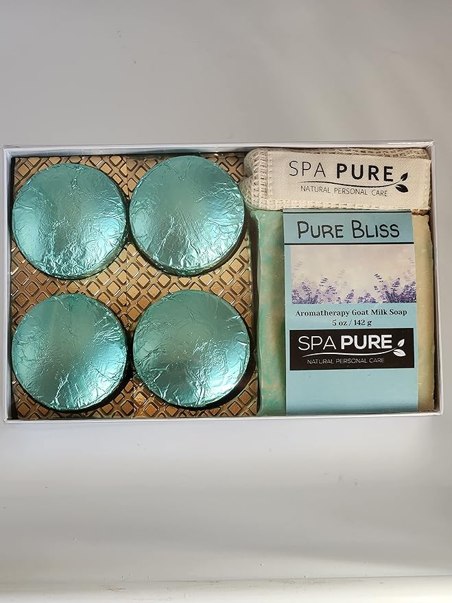 Spa Pure Aromatherapy Gift Set: Pure Bliss Artisan soap, Shower Steamers, USA made with plant based ingredients, essential oils, all natural Cotton Soap Bag & Steamer Bag)