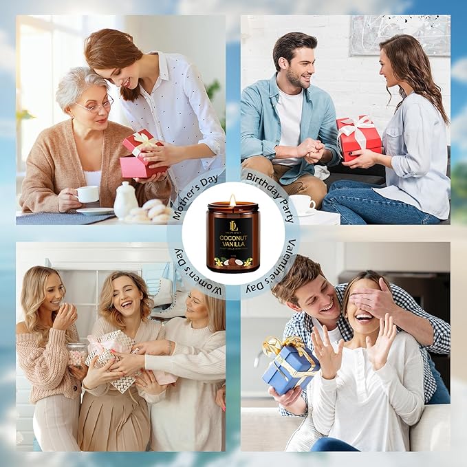 Coconut Vanilla Candles, 7oz Vanilla Coconut Scented Candle, Natural Soy Candles for Home Scented, Long Lasting with 50 Hour Burn Time, Gifts for Men Women