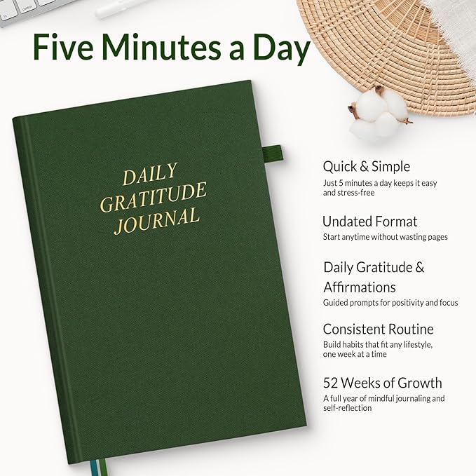 SUNEE Daily Gratitude Journal – Simple 5 Minute Journal for Daily Reflection, Build Positivity and Mindfulness, Undated Minimalist Planner for Women & Men (Deep Green)