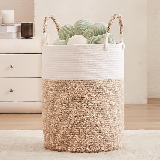 Hamper Laundry Basket Tall Woven Clothes Hamper for Baby Girls Nursery Kids Cotton Rope Blanket Basket in Living Room Bathroom Bedroom Brown 60L Large Capacity