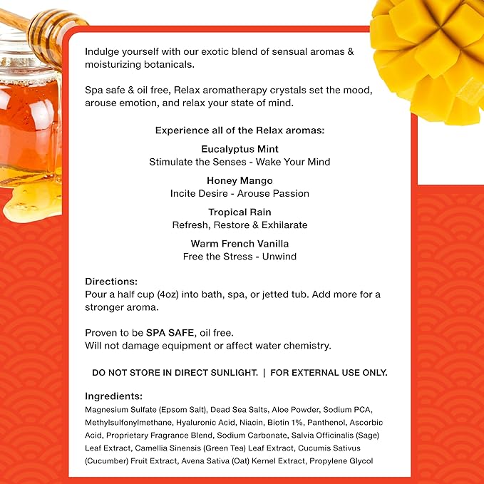 Relax Spa & Bath, Epsom & Dead Sea Salts, Aromatherapy Bath Salts for Hot Tub, Bath, or Spa, Infused with Magnesium, Honey Mango Scent