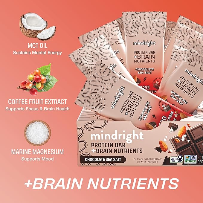 MINDRIGHT Superfood Vegan Protein Bars - Gluten Free Non-Gmo Low Sugar - Plant based protein bars - All Natural Brain Food Healthy Snack To Help Enhance Mood & Energy (Dark Chocolate Sea Salt,12 Pack)