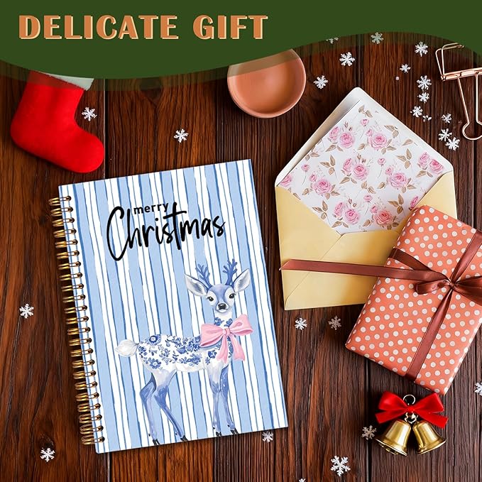 Exqcom Blue Chinoiserie Christmas Deer Spiral Notebook Gifts, Coquette Pink Bow Merry Xmas Journal for Women, Grandmillennial Christmas Hardcover Notebook Journal Office School Supplies, 5.5x8.3 Inch