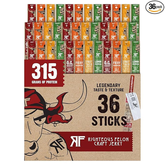 Righteous Felon Beef Sticks Variety Pack | Healthy Snack for Adults | Gluten Free & Keto | Low Sugar & High Protein | Turkey, Pork, Beef Sticks | Jerky Gifts for Men | 36 Pack
