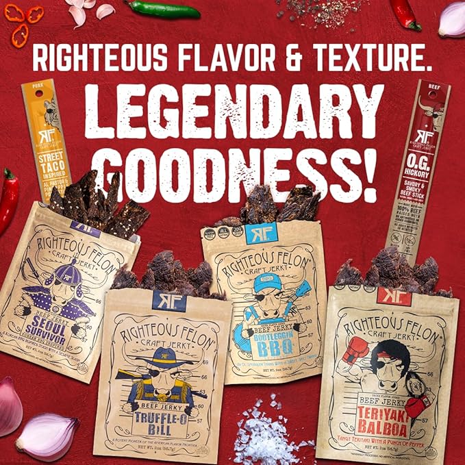 Righteous Beef Jerky Variety Pack Gift Basket - Great Gifts for Men | Gluten Free, High Protein Healthy Snack | Beef, Pork, & Turkey Jerky Variety Snack Pack | Fan Favorites 6 Pack