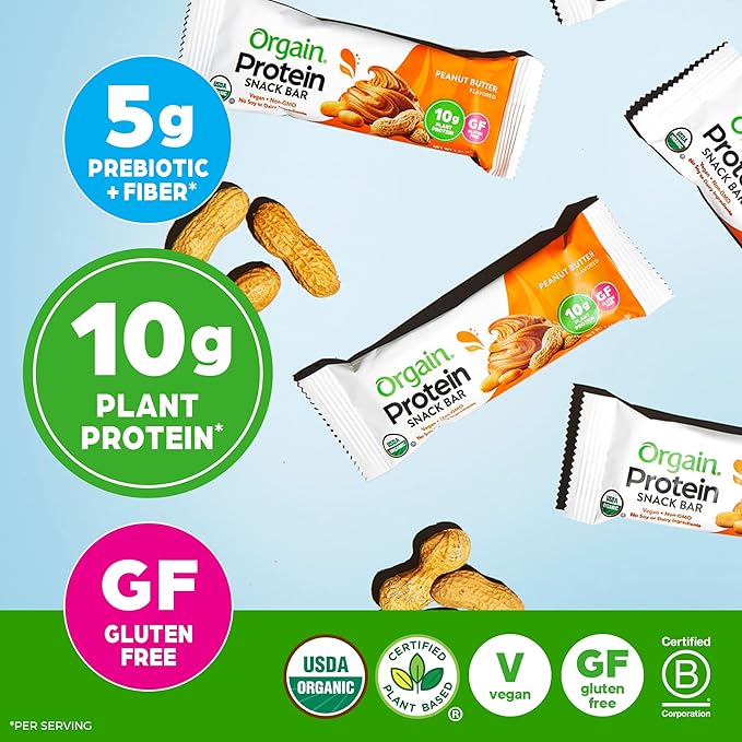 Orgain Organic Vegan Protein Bars, Peanut Butter - 10g Plant Based Protein, Low Calorie Healthy Snacks, No Lactose or Soy Ingredients, Gluten Free, Non-GMO - 1.41 Oz (Pack of 12)