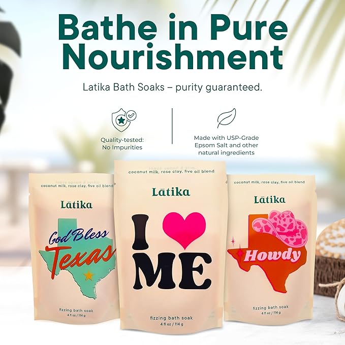 Latika Bath Soaks Set of 3 - Texas, Howdy, I Heart Me - Moisturizing Fizzing Bath Soak for Stress Relief & Muscle Recovery with Essential Oils, Epsom Salt & Natural Scents - Self-Care Spa Gift