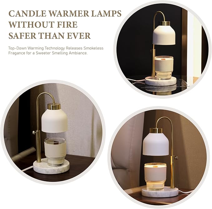 Candle Warmer Lamp, Mother's Day Gifts,with 2 Bulbs,Timer & Dimmer,Compatible with Large Yankee Candle Jars,3 Wick Candles,Height Adjustable Electric Top Melter,110-120v, (White Marble)