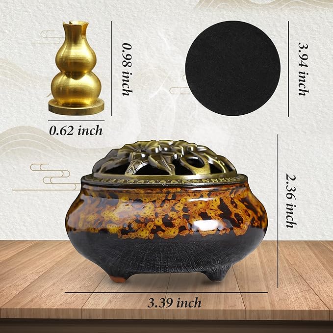 Ceramic Incense Burner with Lid, Bowl Burner， Cone Incense Burner, Ceramic Censer Suitable for Incense/Cone/Coil/Sticks, There are 30 Incense Cones+ Metal Incense Holder+Fireproof Cotton Inside.
