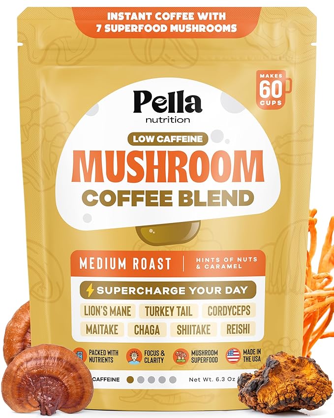 Low-Caffeine Mushroom Coffee (60 Servings) with 7 Superfood Mushrooms, Great Tasting Instant Coffee, Includes Lion's Mane, Reishi, Chaga, Cordyceps, Shiitake, Maitake, and Turkey Tail