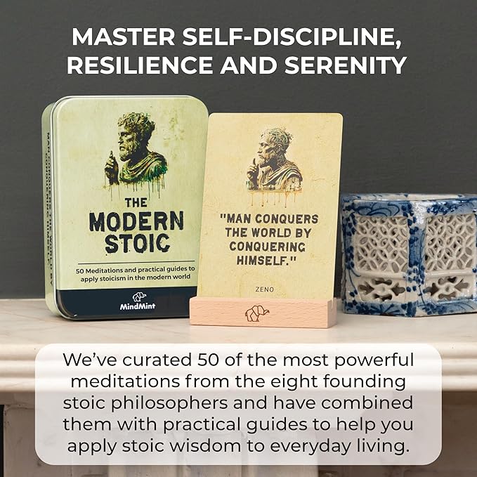 Daily Stoicism Affirmation Cards - 50 Stoic Life Change Quotes, Philosophy Gift for Men in Tin Box with Wood Stand - Desk Accessories Office Decor for Men - Inspirational & Motivational Cards