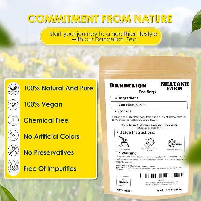 NHAT ANH FARM - Premium Dandelion Tea Bags, 40 Tea Bags, 100% Natural Dried Dandelion Leaves, Naturally Sweet Herbal Tea, Sugar-Free, Caffeine-Free, No Additives.