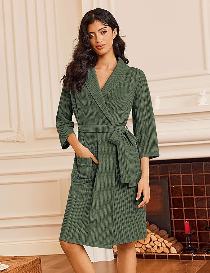 Ekouaer Robes for Women Waffle Knit Bathrobe Lightweight Kimono Robe Knee Length Loungewear with Pockets