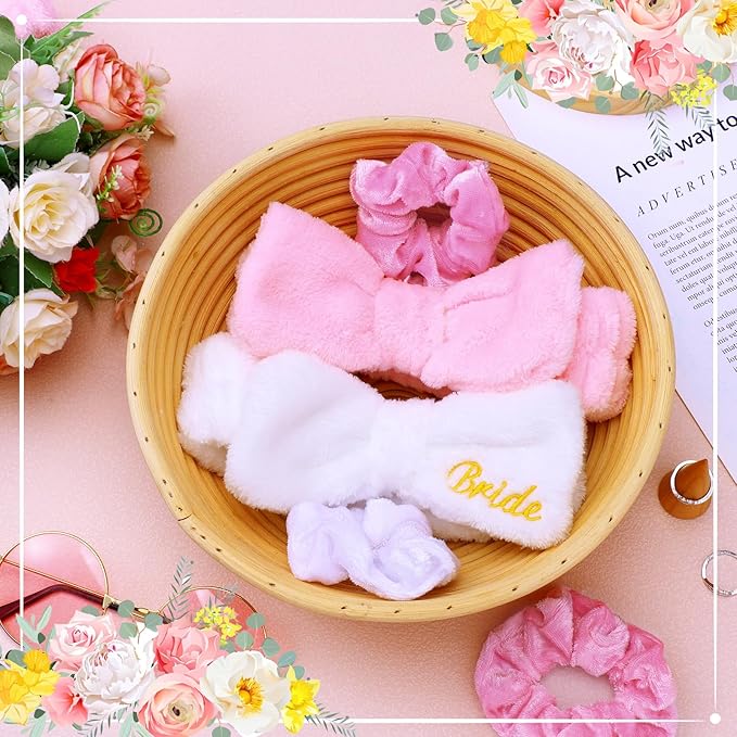 24 Pcs Bachelorette Party Favors Include 12 Bride Bridesmaid Spa Headband 12 Bridesmaid Gifts Scrunchies for Women Sleepover Spa Bachelorette Party Accessories Supplies(White,Pink)